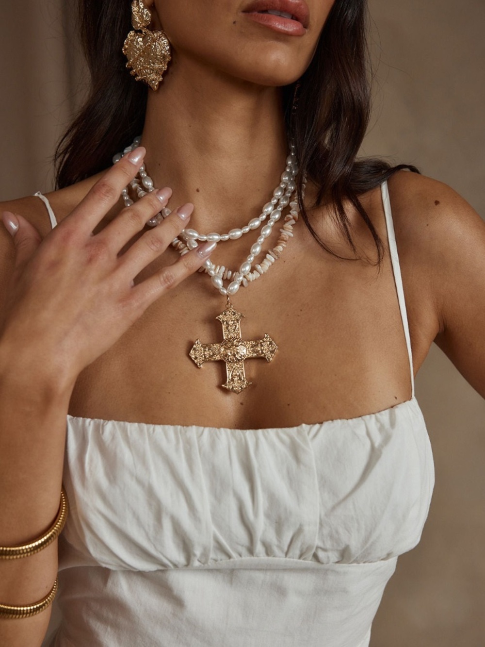 12th Tribe Angelica Gold Pearl Cross Statement Necklace Size O/SO/S